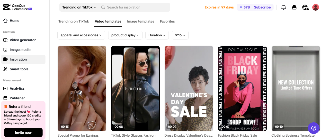 Pippit video templates for AI content creation, featuring fashion, sales, and product display ads.